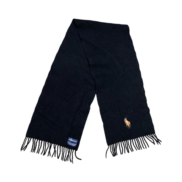 Polo Ralph Lauren 100% Lambswool Italy Scarf Black Large Polo Embroidered 10x50